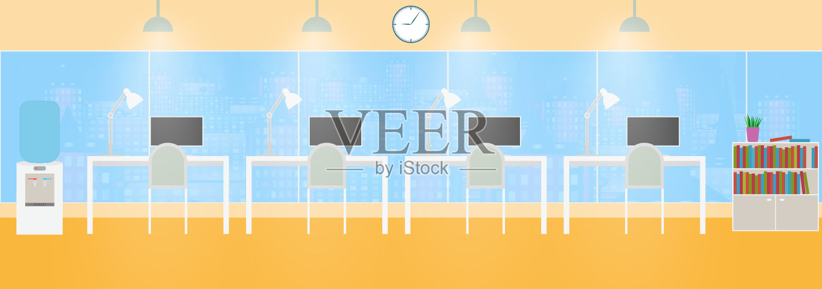 共同工作的办公室室内概念。浏览megapolis，桌子，椅子，电脑，花，办公桌，书架，冷却器，时钟的窗口。平面设计。共同办公中心。股票矢量插图。插画图片素材