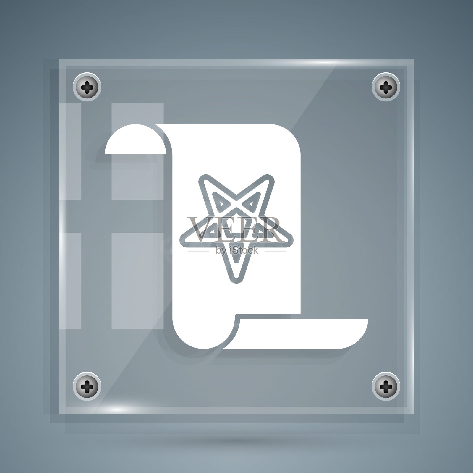 白色古老的魔法书与炼金术配方和神秘的咒语和结界图标孤立在灰色的背景。方形玻璃面板。向量图标素材