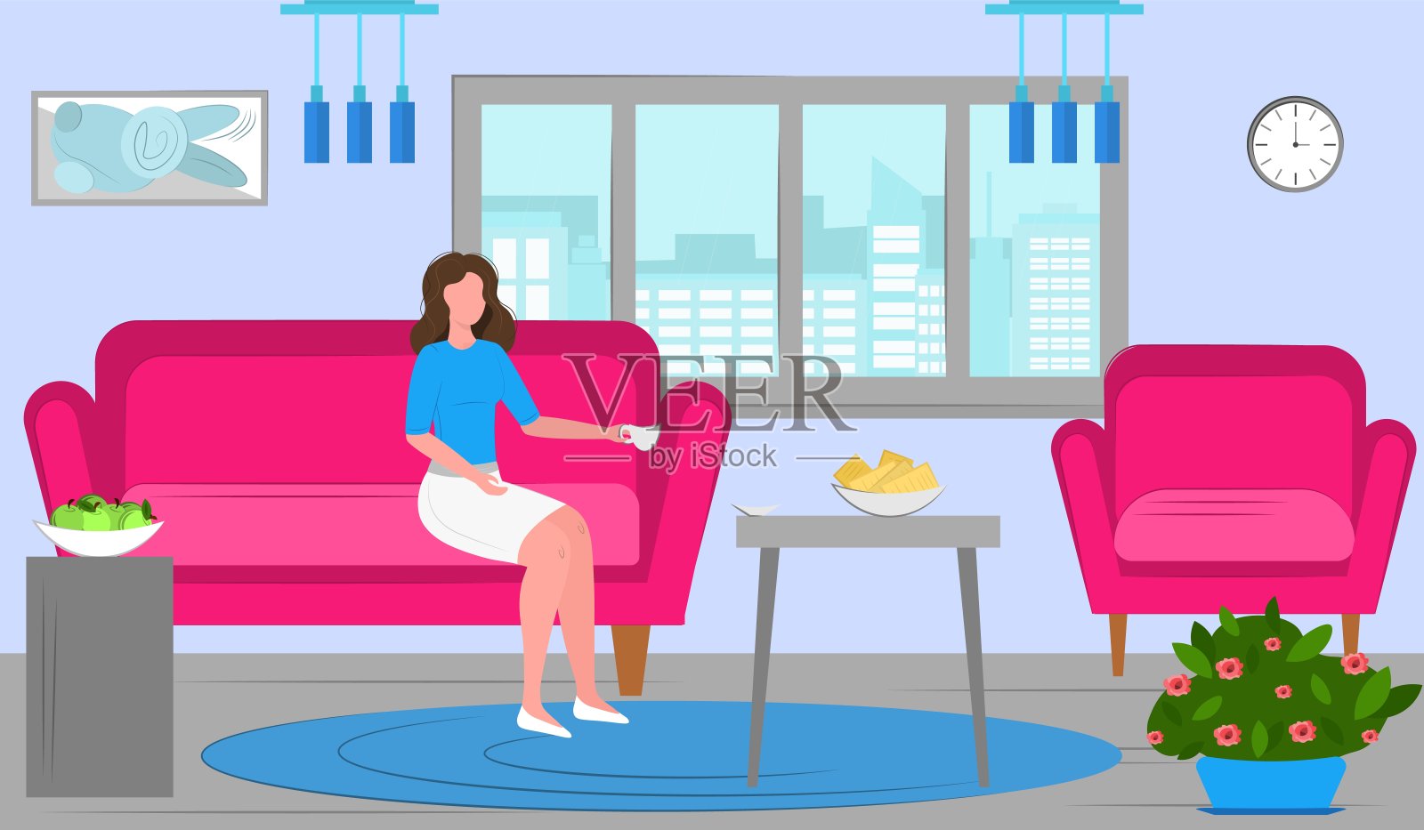 女孩在家坐在沙发上喝茶。插画图片素材
