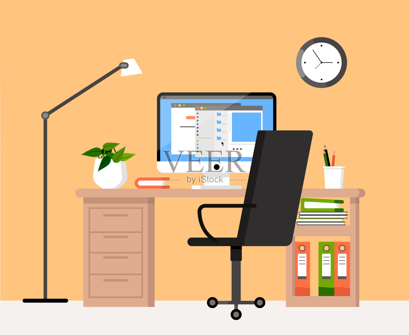 工作场所的概念。办公室内部。协同工作设计。桌面电脑，时钟，台灯，打印机，文件夹，咖啡杯，文凭，组织，植物和铅笔。自我教育。内阁。研究插画图片素材
