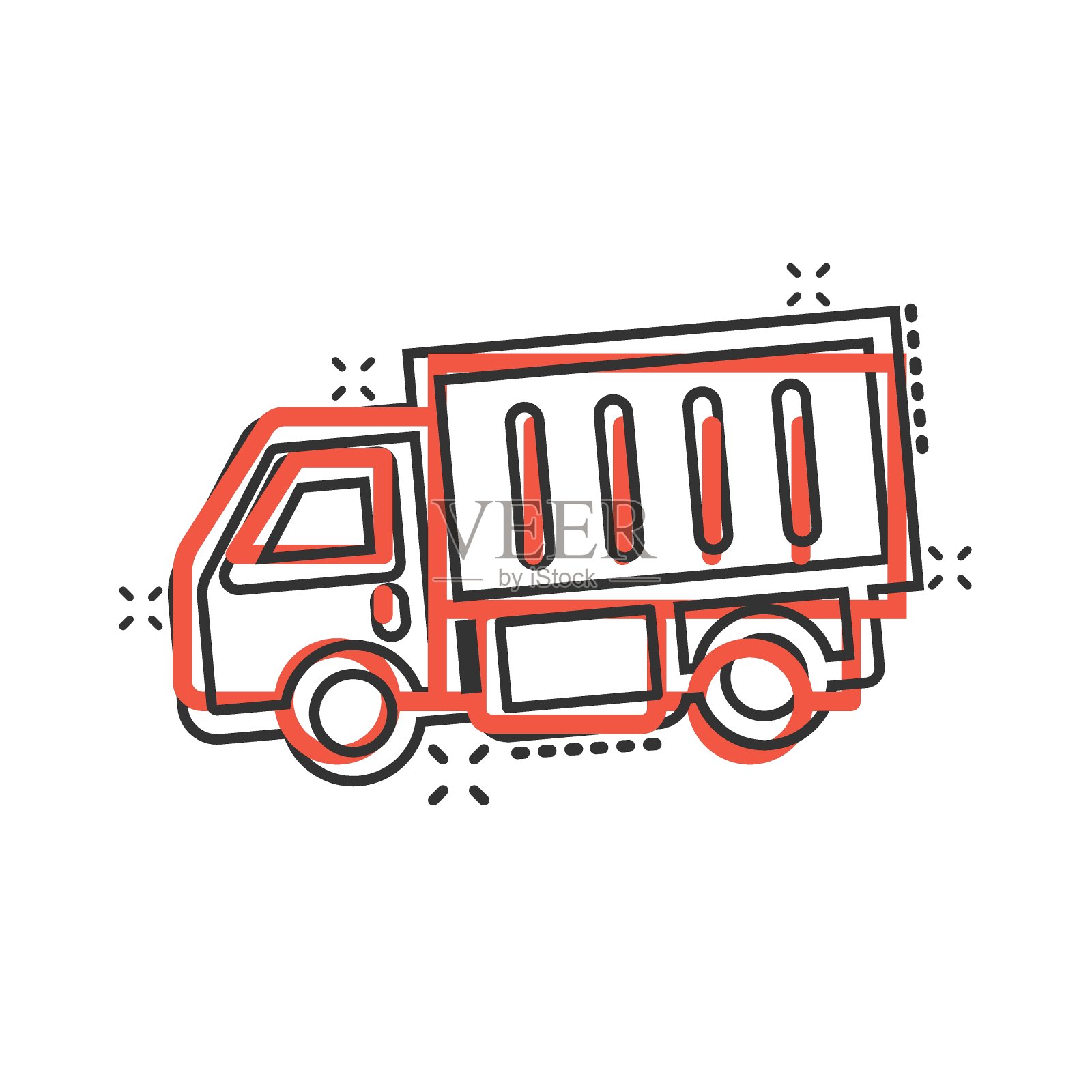 漫画风格的送货卡车图标。Van卡通矢量插图在白色孤立的背景。货车喷溅效果经营理念。插画图片素材