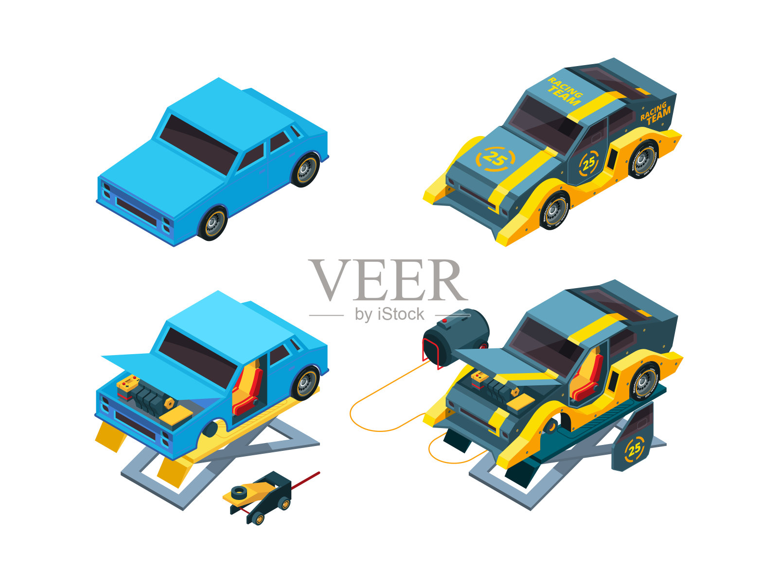 汽车修理。汽车机械设备车间升降机为车辆绘制花哨的矢量等距图插画图片素材