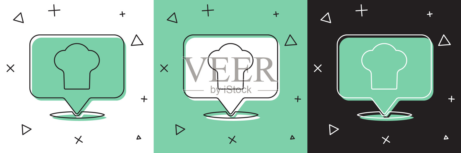 设置厨师帽与位置图标隔离在白色和绿色，黑色背景。烹饪的象征。厨师的帽子。向量插画图片素材