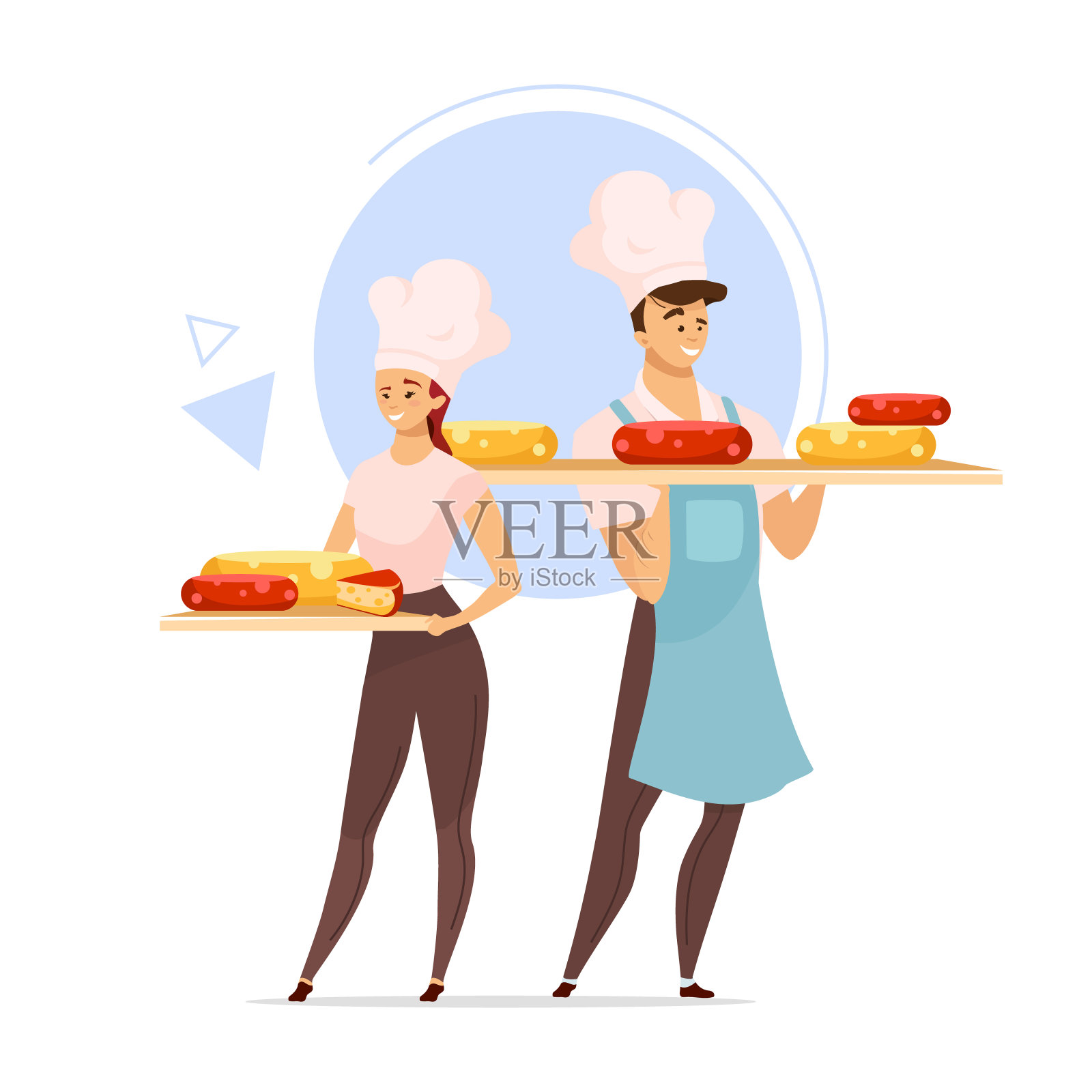 两个奶酪制造商的平面颜色矢量插图。奶酪生产。Cheesemaking。食品行业。拿着托盘的男人和女人。奶产品。孤立的卡通人物在白色背景插画图片素材