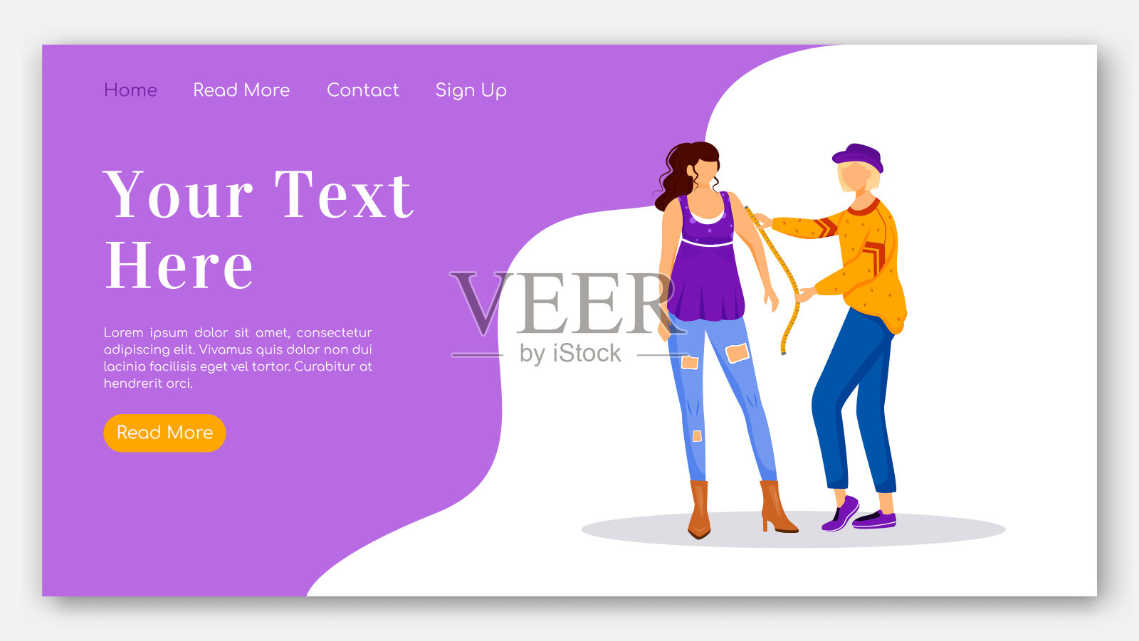 时尚设计师登陆页面平面颜色矢量模板。测量女性主页布局。设计服装一页网站界面与卡通插图。工作室旗帜,网页插画图片素材