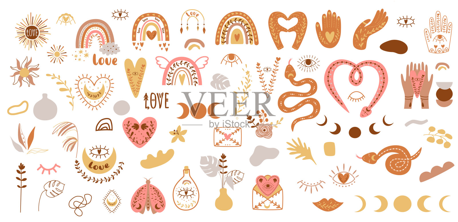 放荡不羁的元素集合。放荡不羁的集合。那种波西米亚风格的剪纸艺术。手绘波西米亚植物，形状，叶子彩虹，手，月亮。插画图片素材