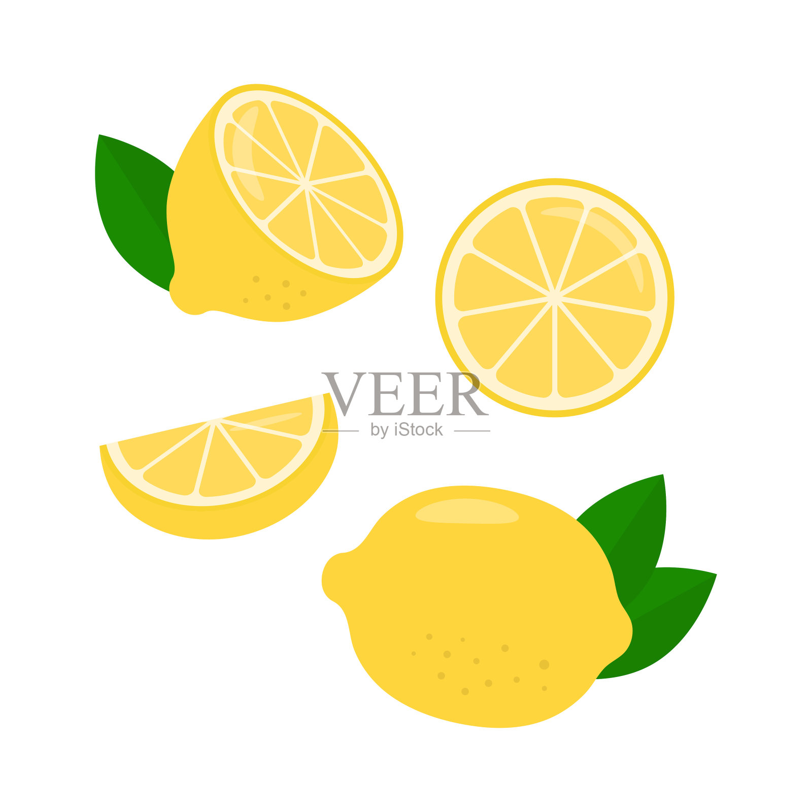 柠檬。收集完整的和切片的柠檬水果。矢量插图。插画图片素材