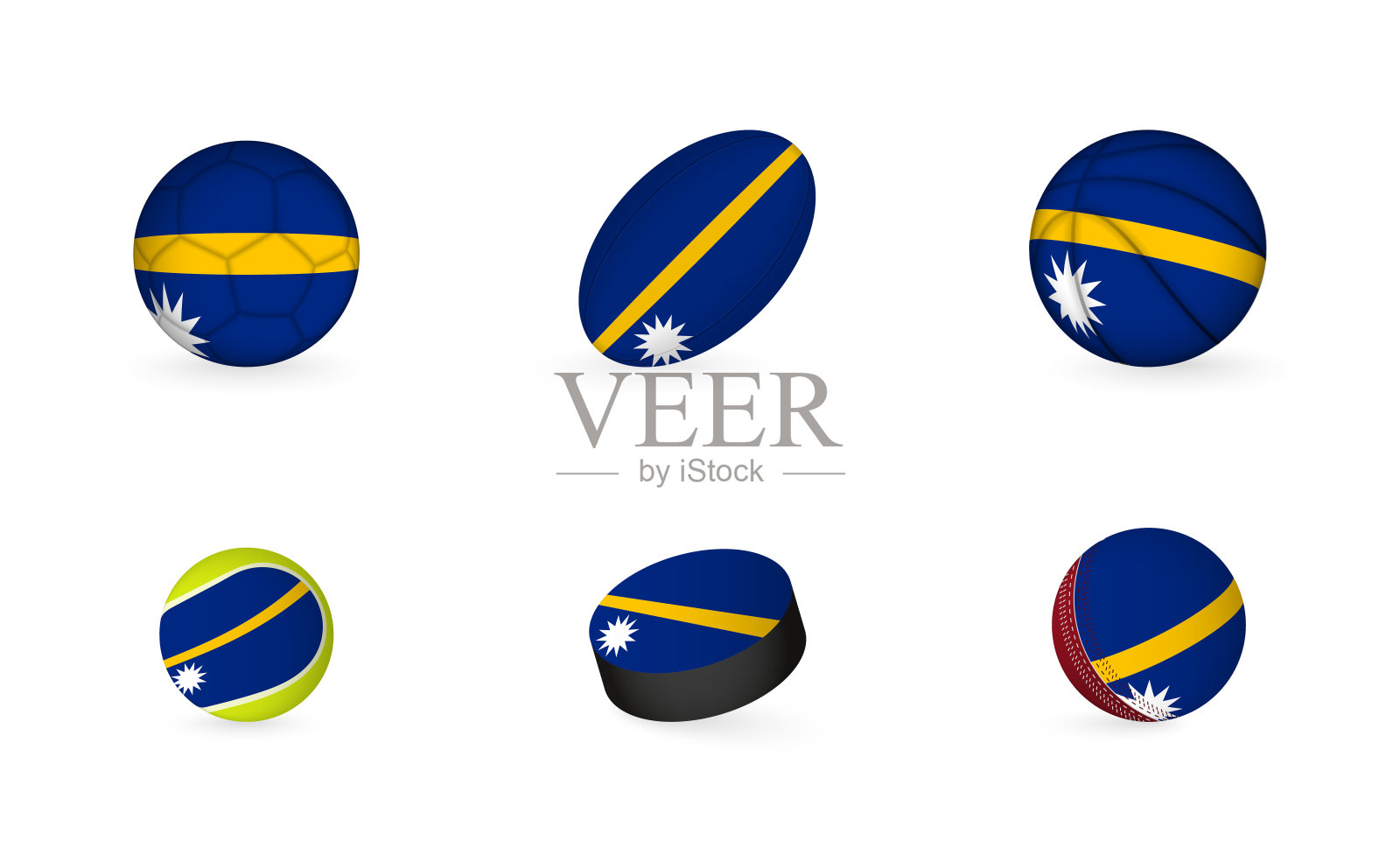 带有瑙鲁旗帜的运动器材。体育图标集。插画图片素材