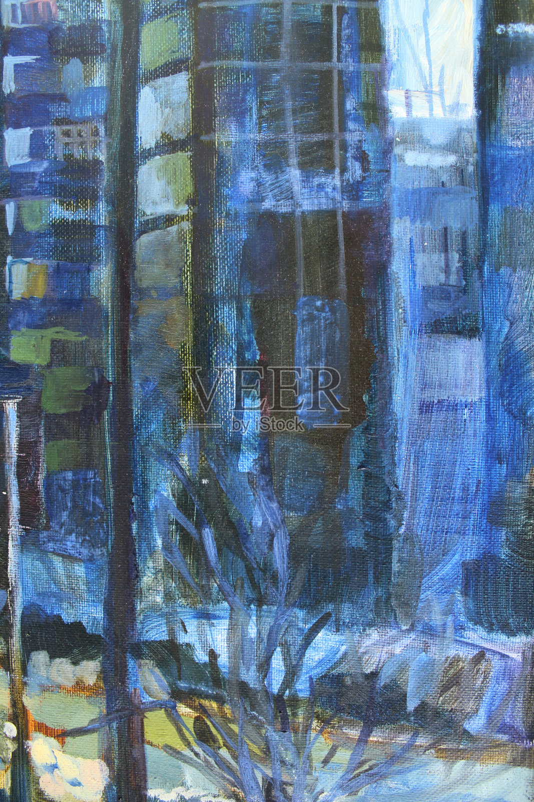 蓝黄白抽象油画在画布纹理背景。雪和房子冬天。艺术创作的画笔对象，用于纺织品、卡片、墙纸插画图片素材