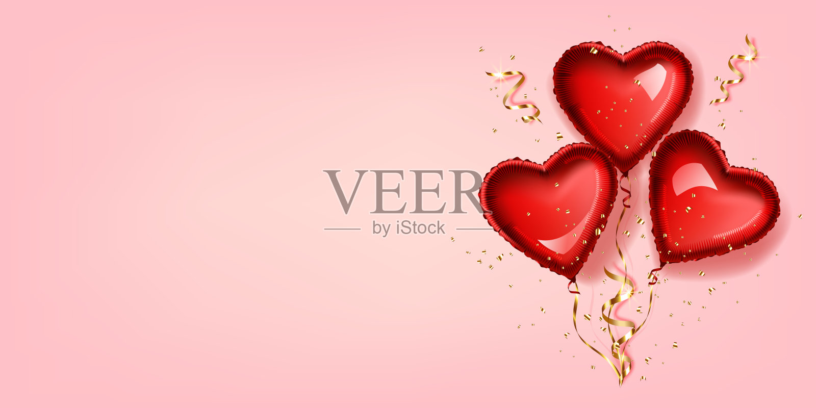 红色的心形气球，点缀着金色的丝带和五彩纸屑，孤立在粉红色的背景上。插画图片素材