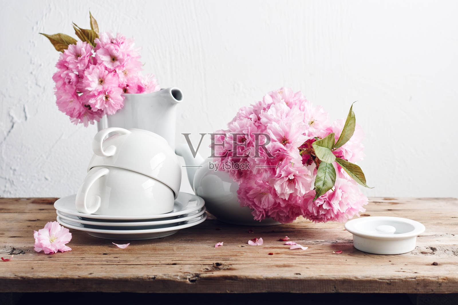 白色茶杯、茶壶和日本樱花。照片摄影图片