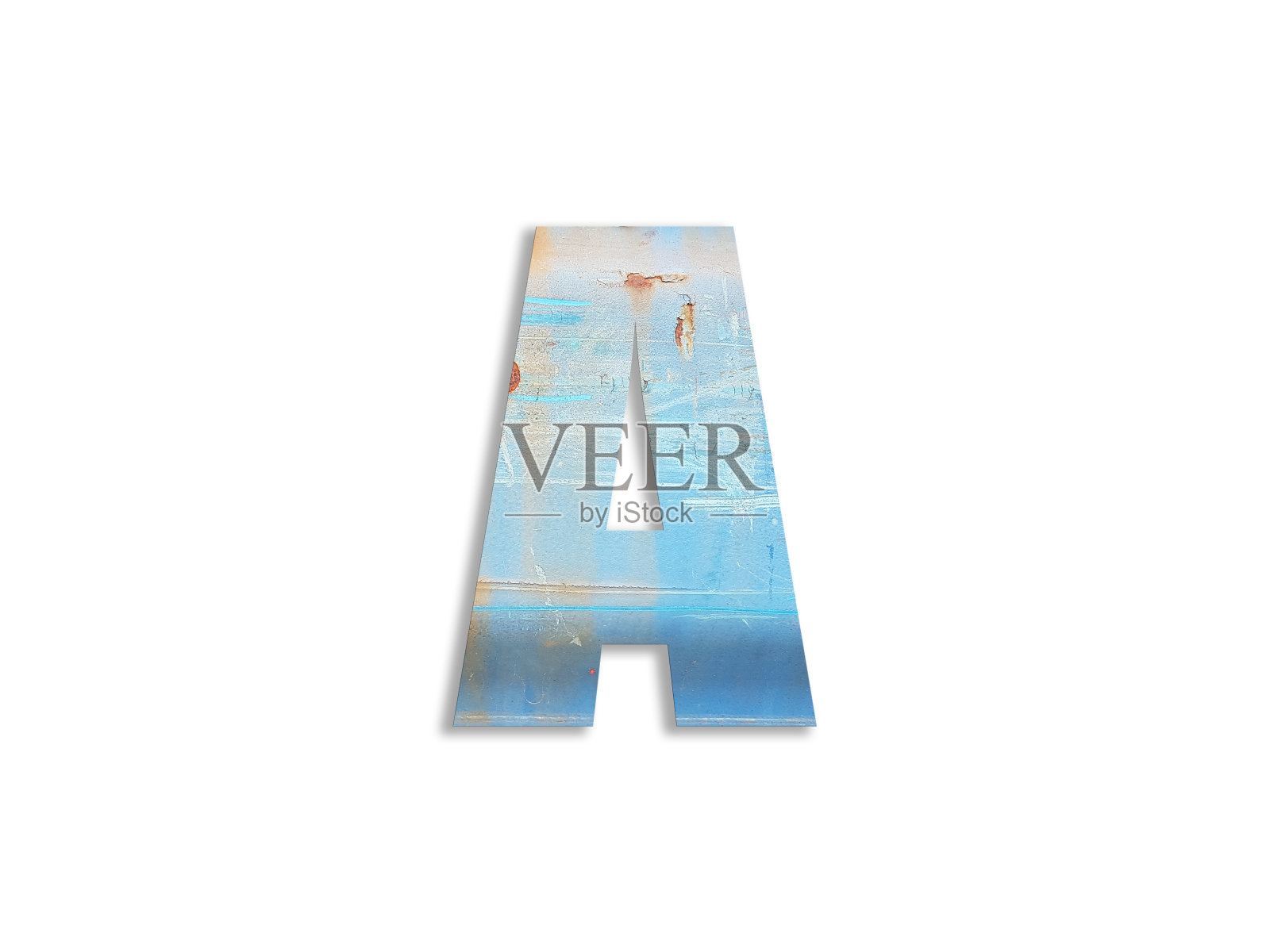 3D插图，字母A浅蓝色生锈的铁金属字母，孤立的设计元素照片摄影图片