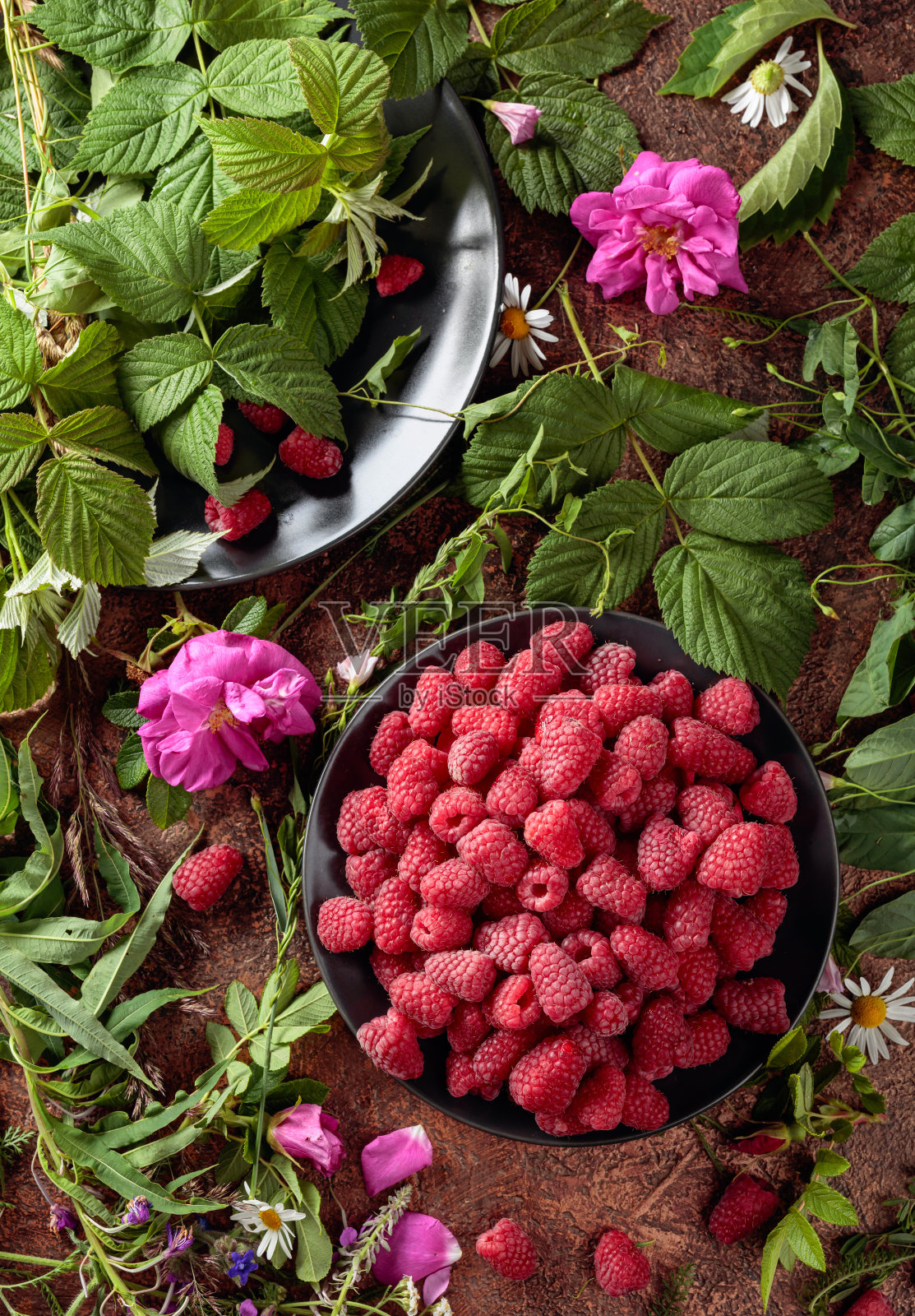 夏天的静物，树莓，鲜花和草地。照片摄影图片