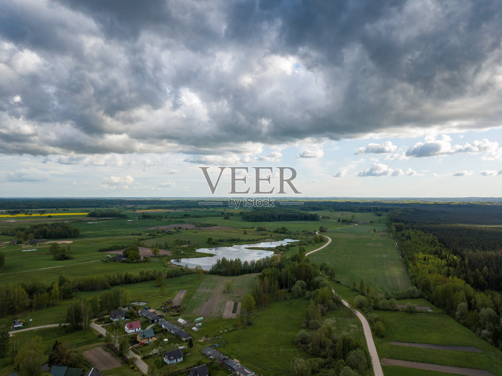 无人机拍摄的乡村夏日田野、森林和道路照片摄影图片