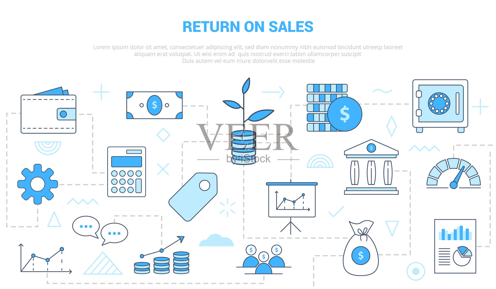 Ros回报销售概念与图标设置模板横幅与现代蓝色风格插画图片素材