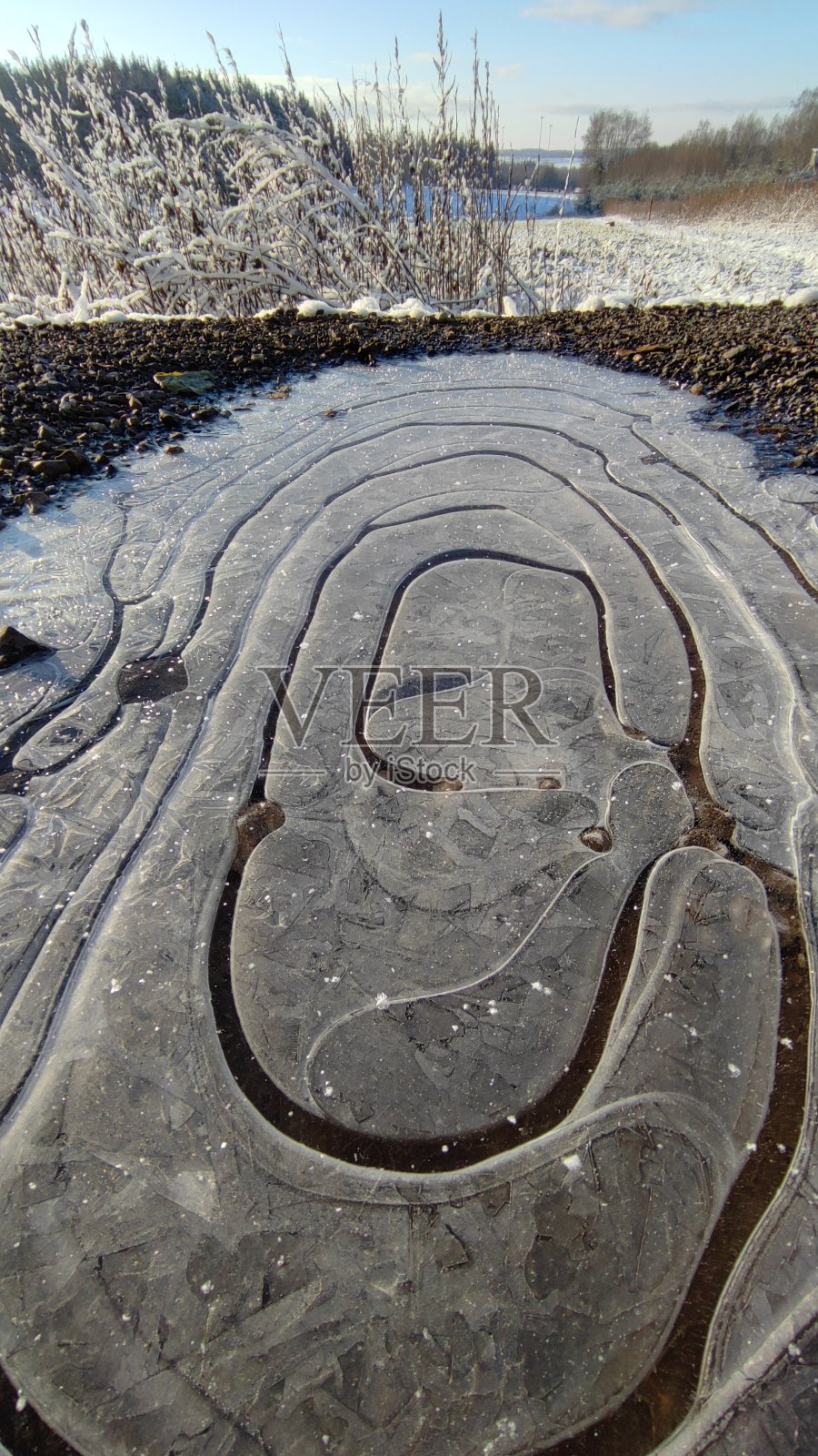 在德国纽霍夫的森林里，冬天的雪景用打火机和融化的雪。照片摄影图片