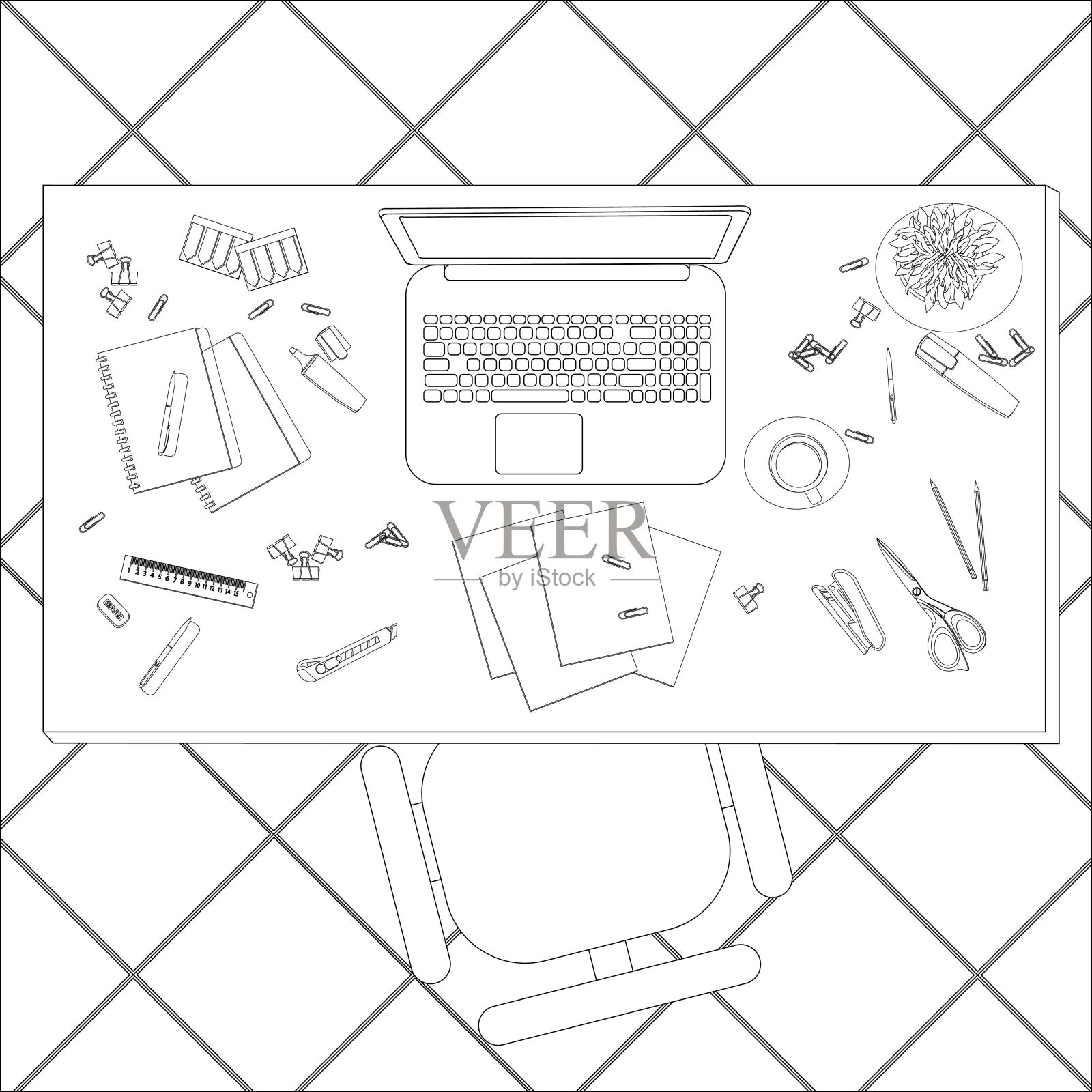 涂色页工作桌上的办公用品、文具、咖啡等小物品，简单的矢量插图插画图片素材