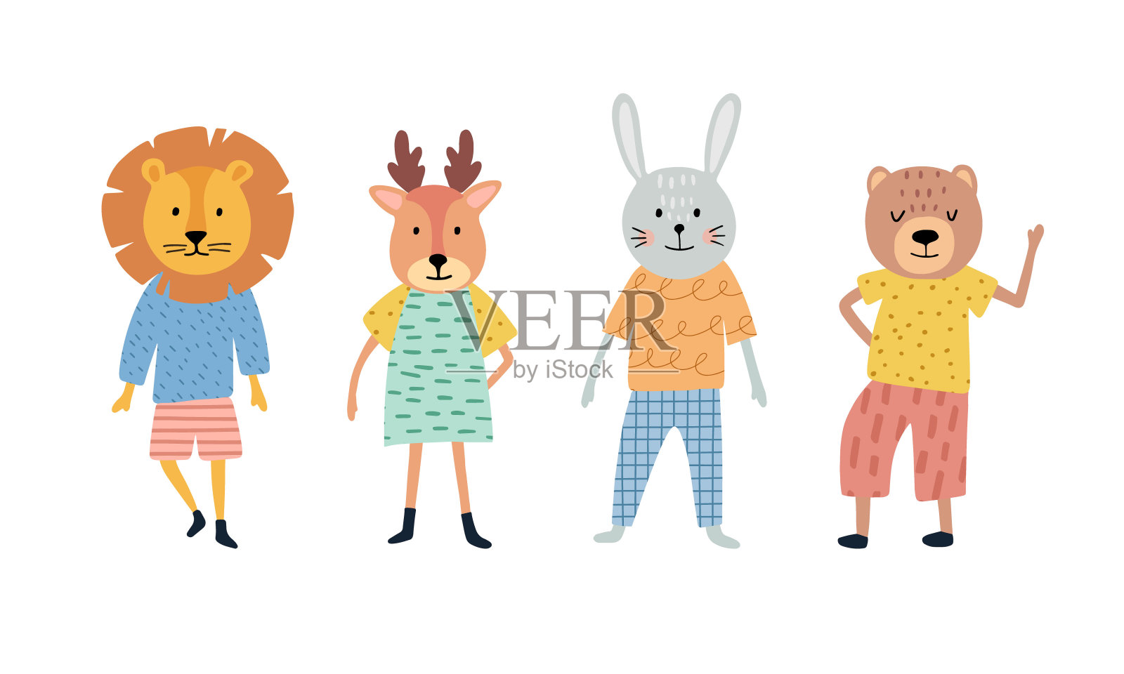 可爱的动物手绘制设置在白色的背景。卡通人物的狮子，鹿，熊，兔子。插画图片素材