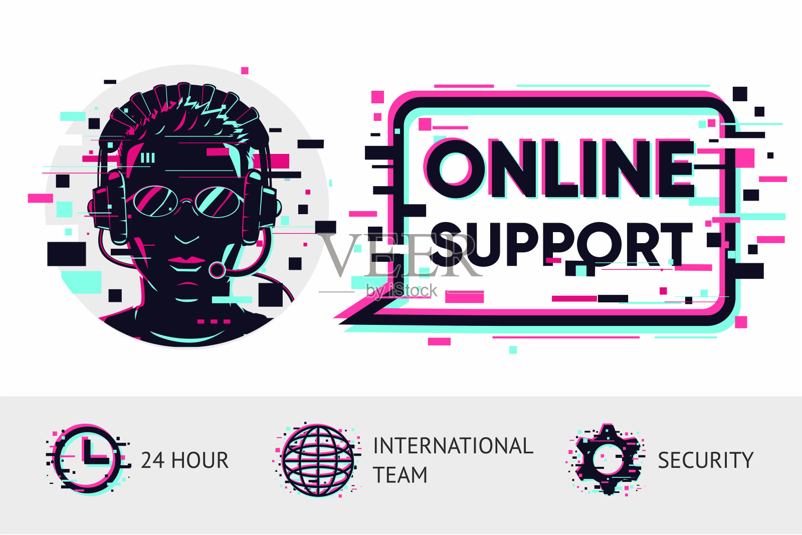 在线支持向量背景。男人运营商肖像。故障说明风格。聊天机器人的概念。插画图片素材