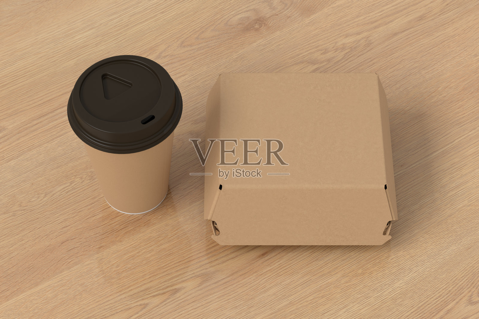 一个硬纸板食品盒和带走的咖啡或茶杯模拟在白色的背景。照片摄影图片