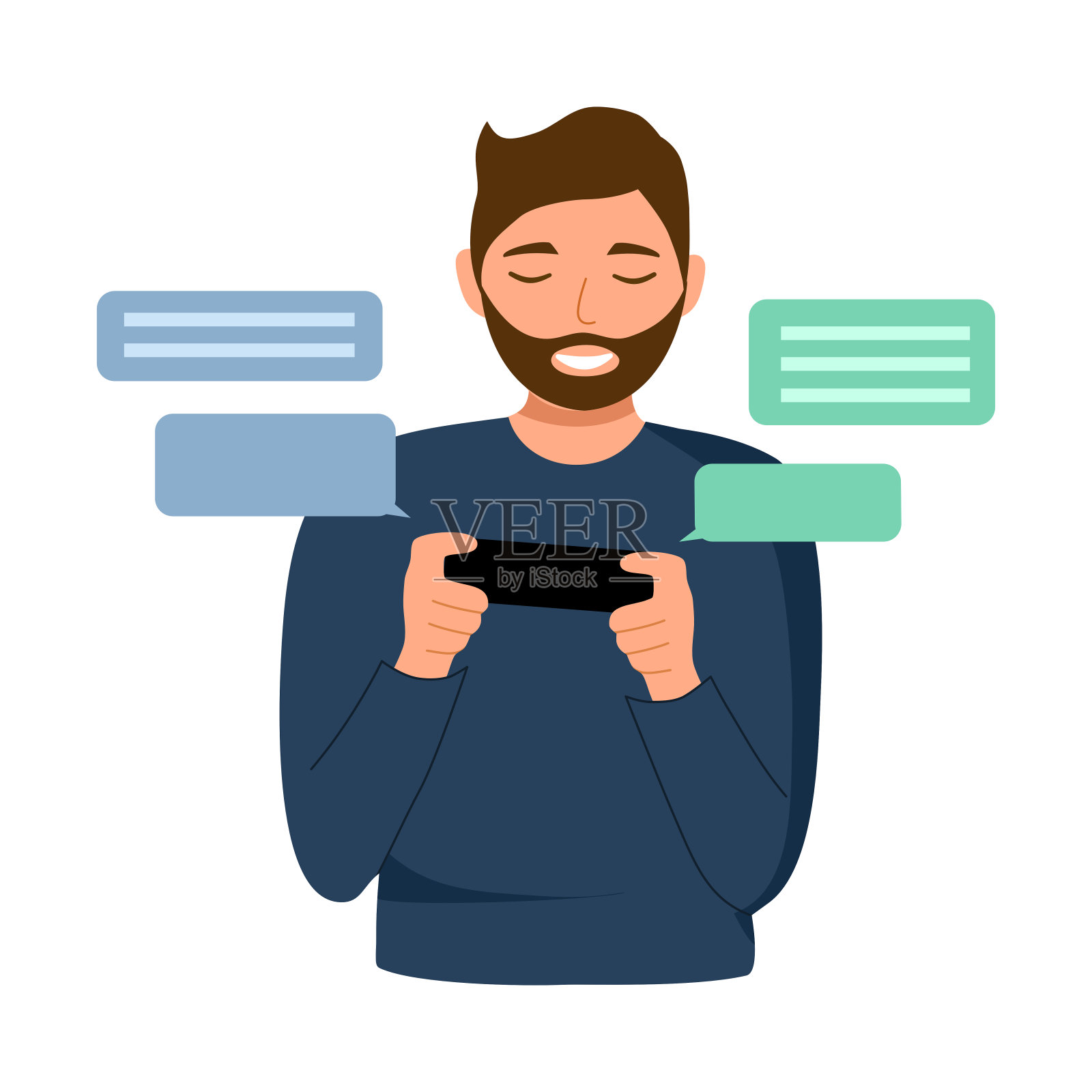 朋友或恋人之间的远距离关系。通过互联网在智能手机上聊天。插画图片素材