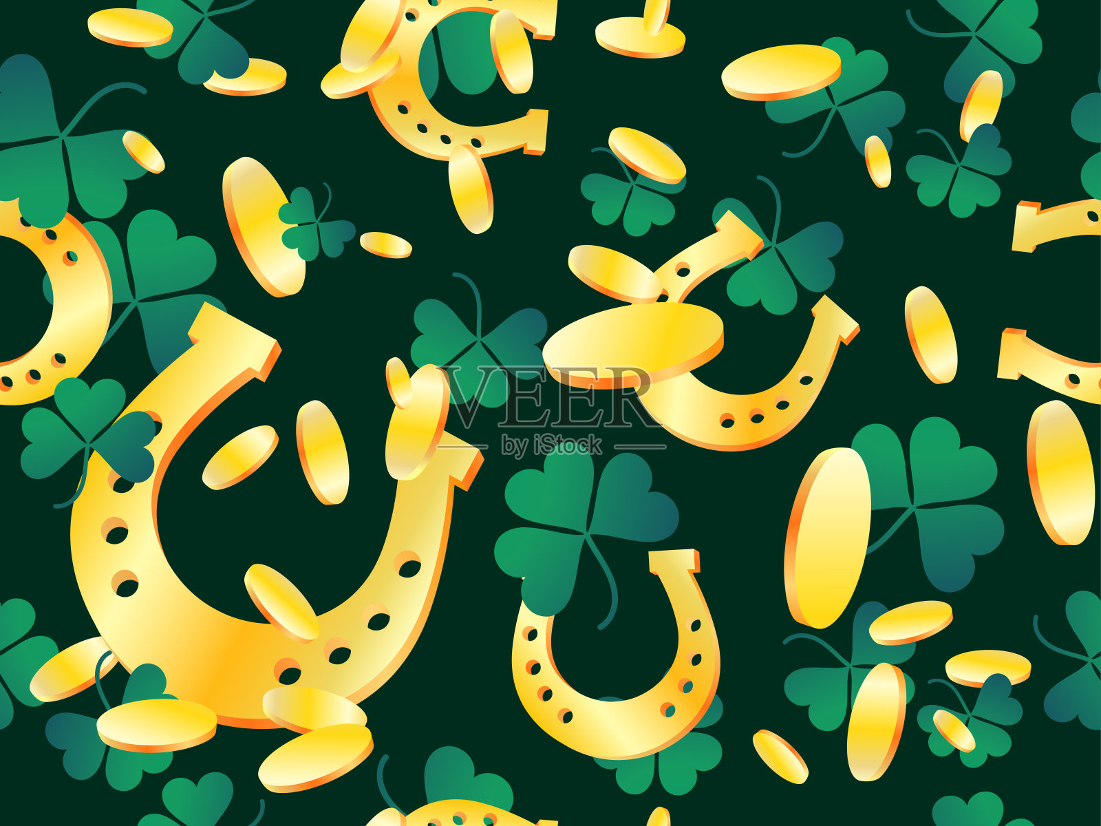 金币和三叶草与黄金马蹄铁无缝图案的圣帕特里克节。节日背景的广告产品，明信片和印刷。矢量图设计元素图片
