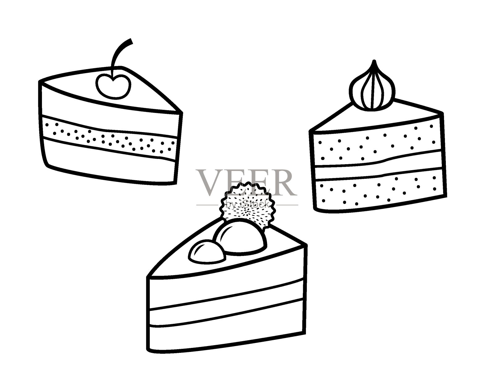 三块蛋糕，用不同的饼干、糖果、樱桃和蛋白霜装饰。黑色和白色手绘孤立轮廓绘制在白色背景。插画图片素材