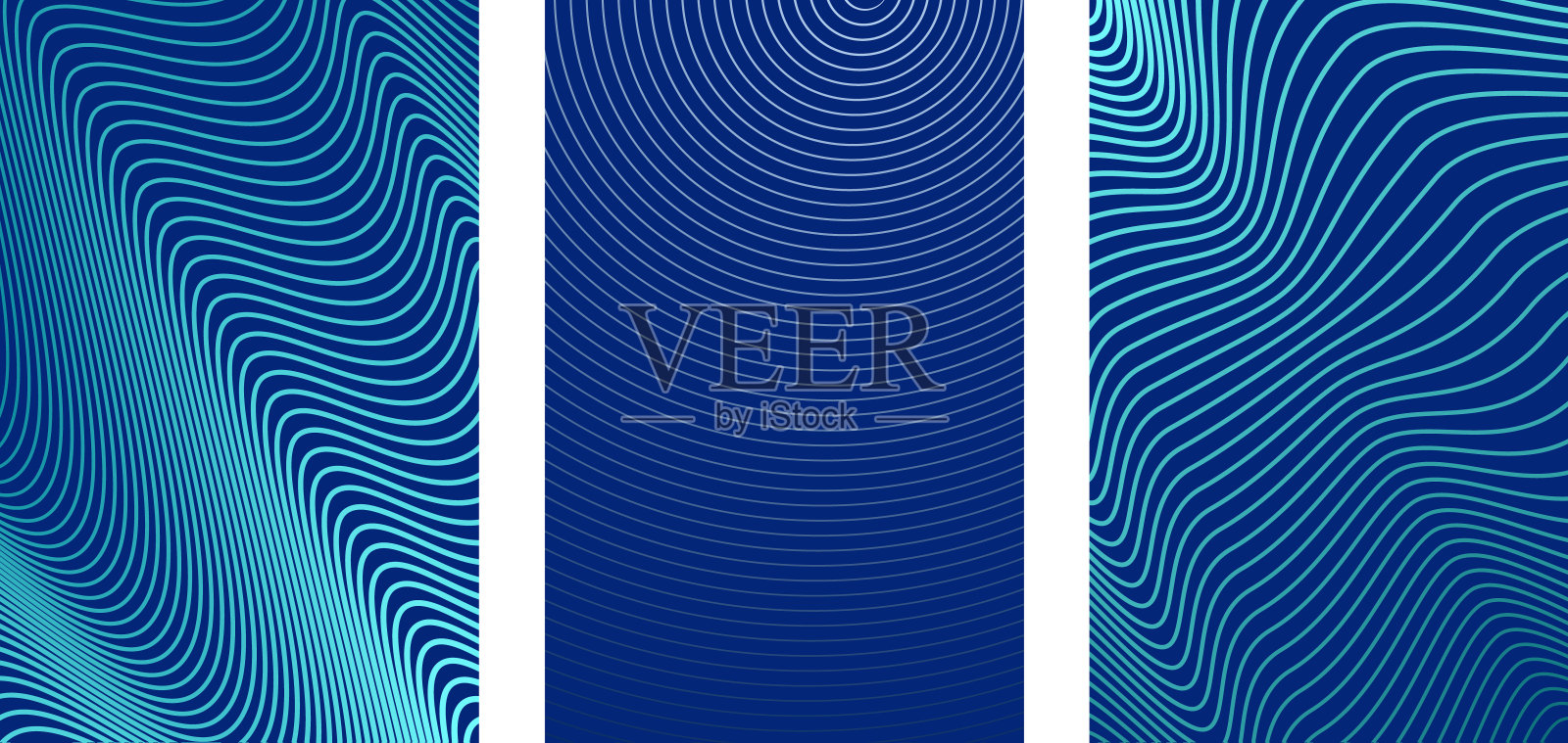 抽象的垂直条纹背景。蓝色背景上的超薄抽象波浪线。为封面设计，海报或横幅与文字空间。矢量图插画图片素材