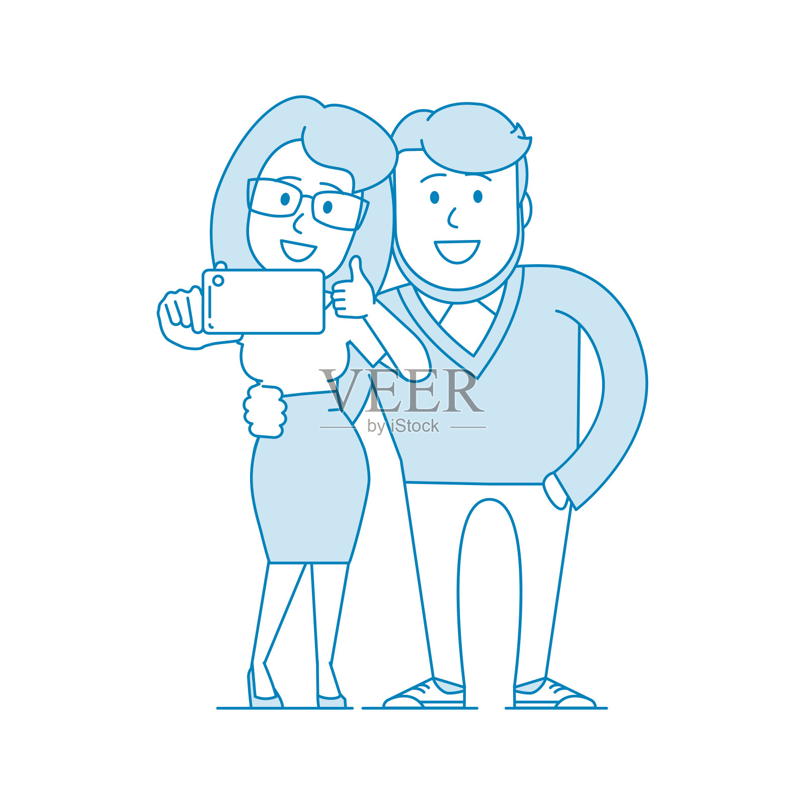 一对年轻夫妇，一男一女在用手机自拍。插画图片素材