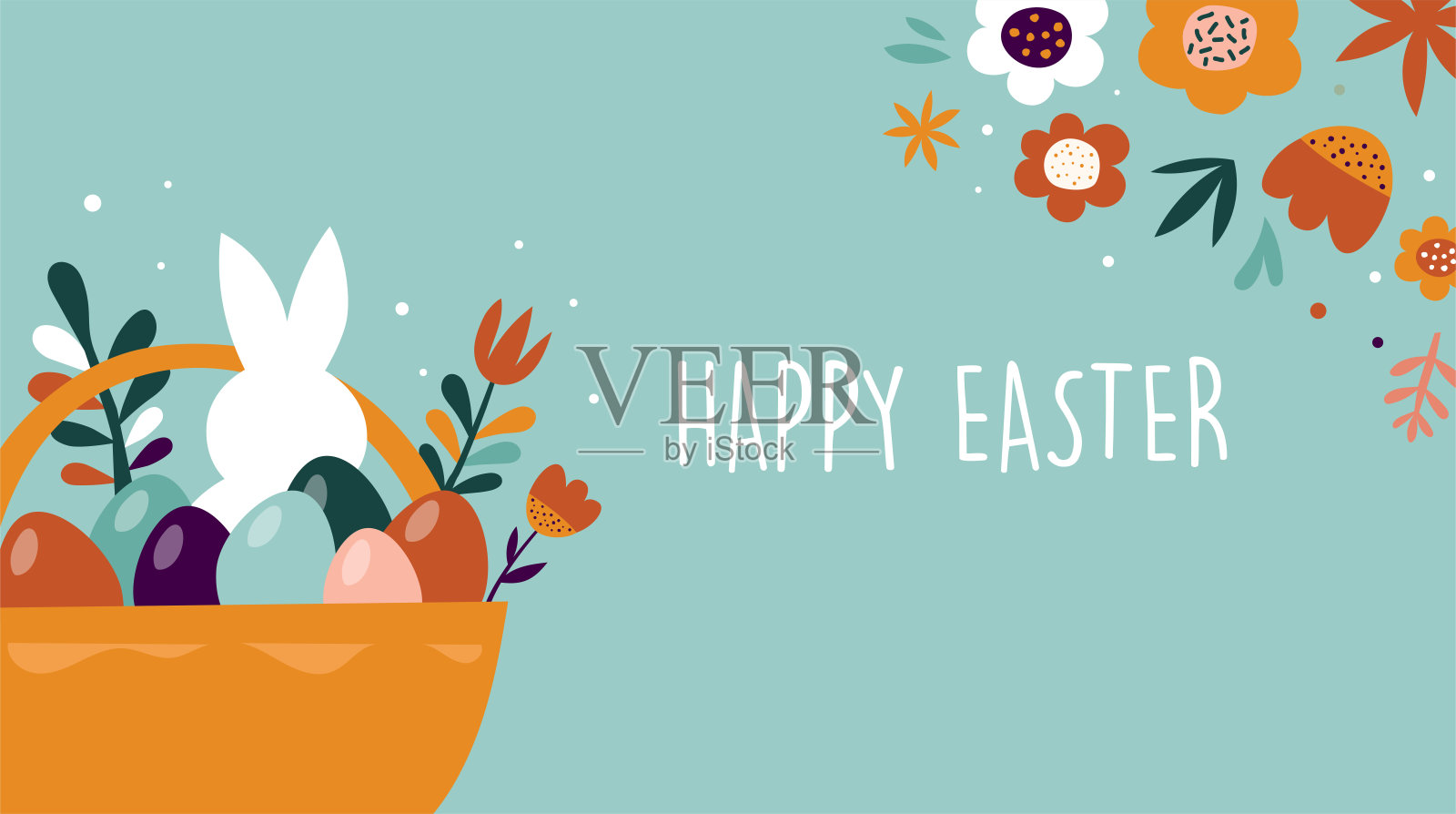 波西米亚复活节概念设计，兔子，鸡蛋，花和彩虹在柔和和赤陶颜色，平面矢量插图设计模板素材