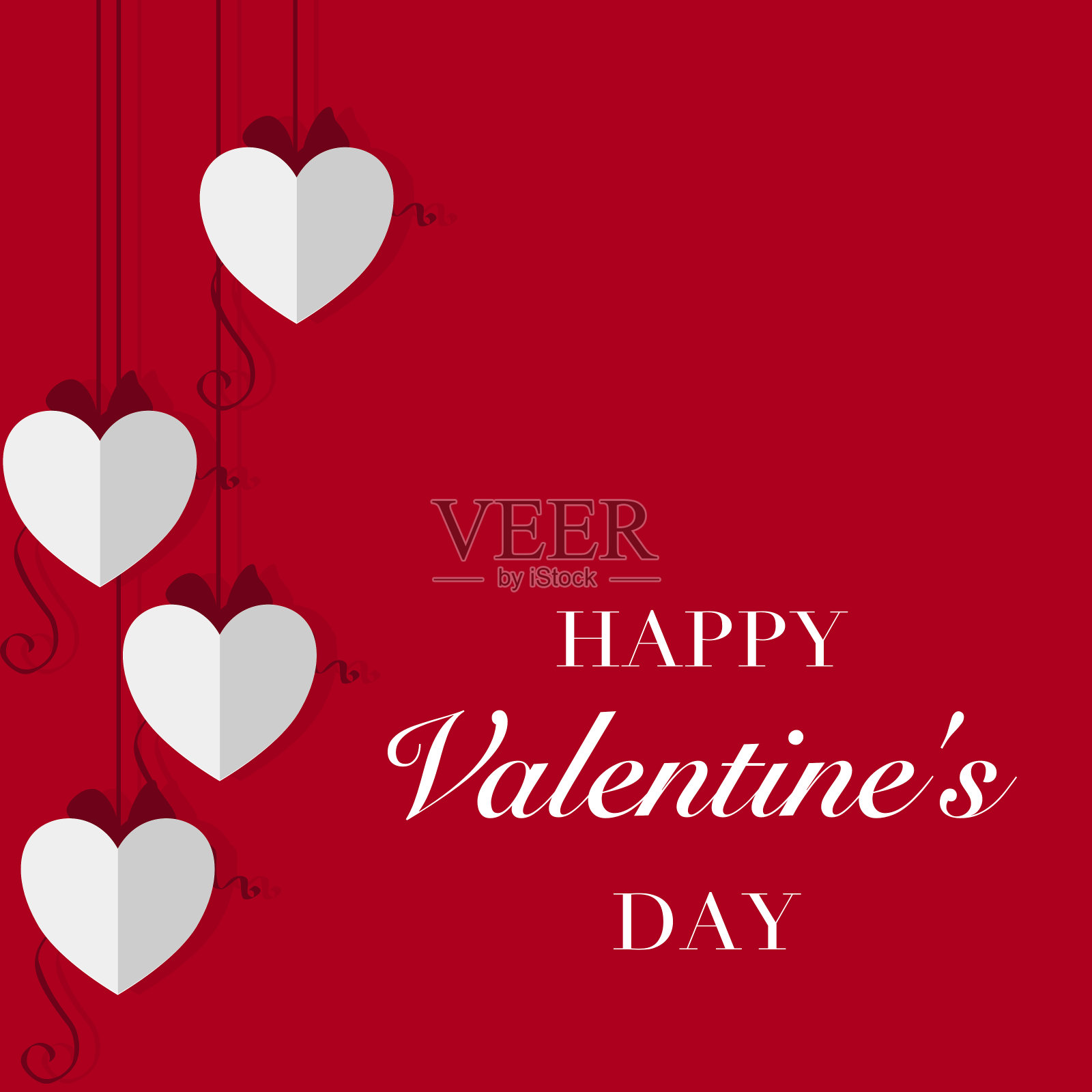 情人节快乐，红色背景矢量上挂着心形和丝带插画图片素材