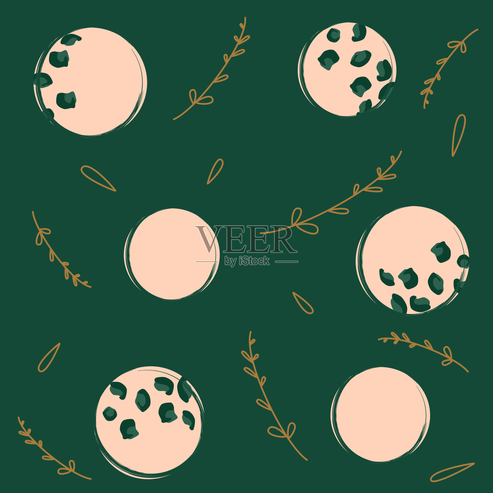 可爱的抽象无缝矢量图案背景插图与树枝，树叶，圆圈和豹纹插画图片素材