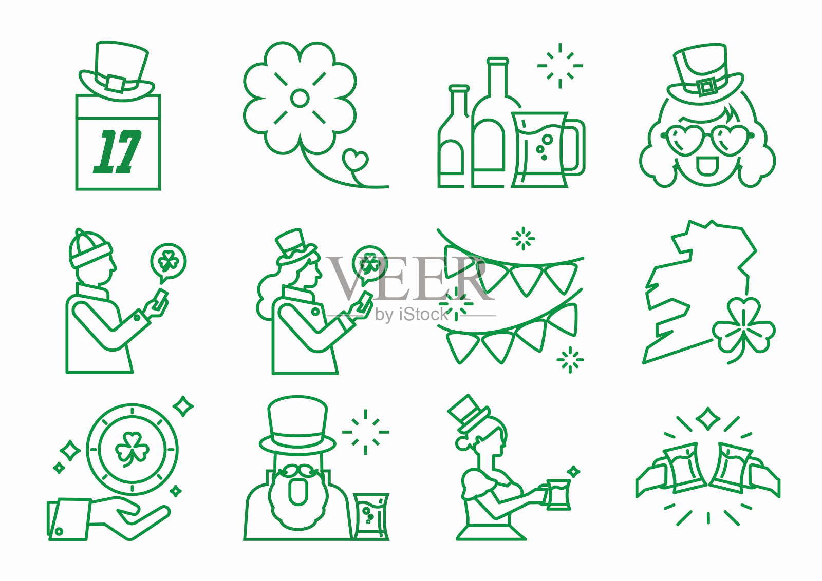 圣帕特里克节线图标与三叶草图标素材