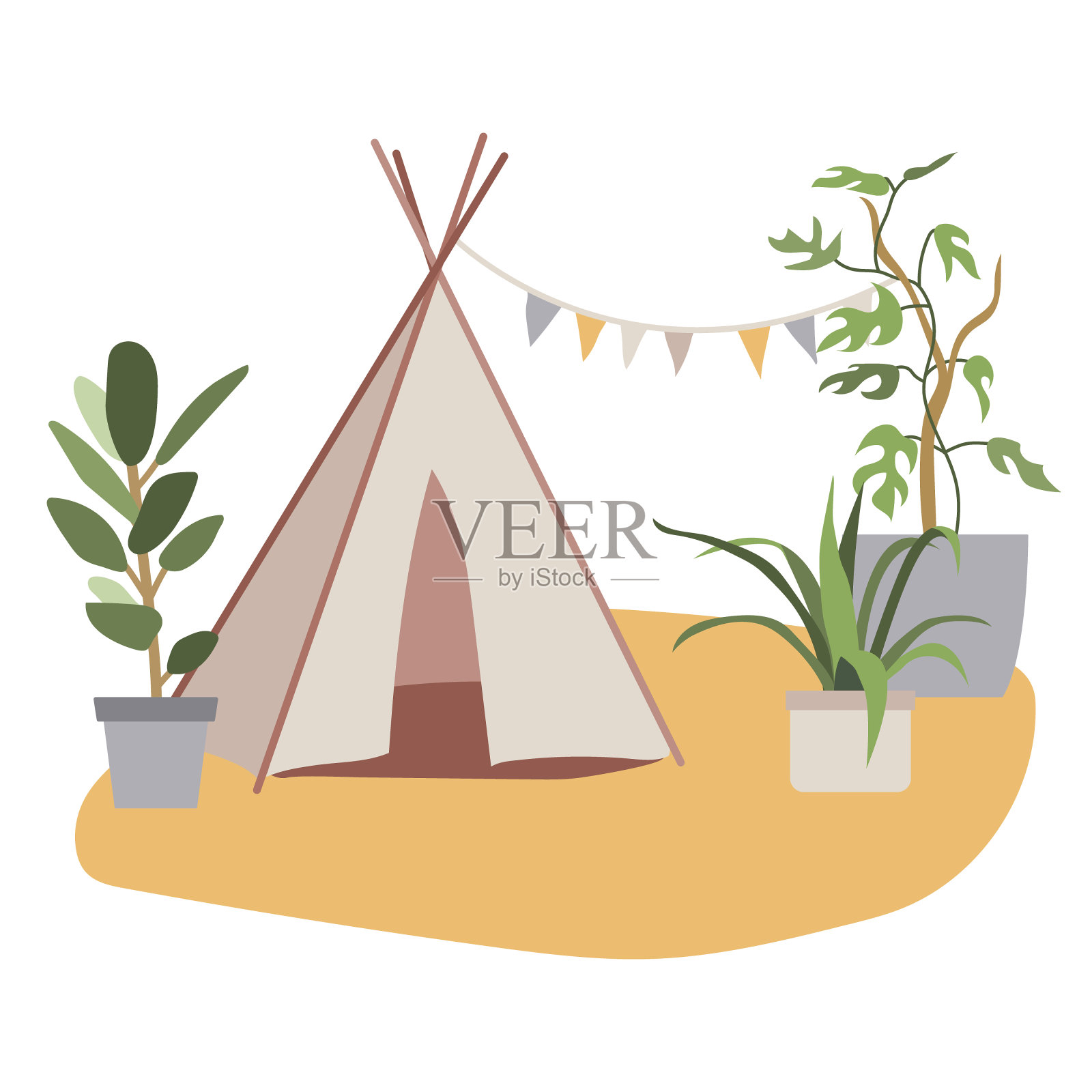 都市丛林中的圆锥形帐篷。有棚屋和盆栽的客厅。舒适的家的概念。呆在家里。平面向量插图插画图片素材