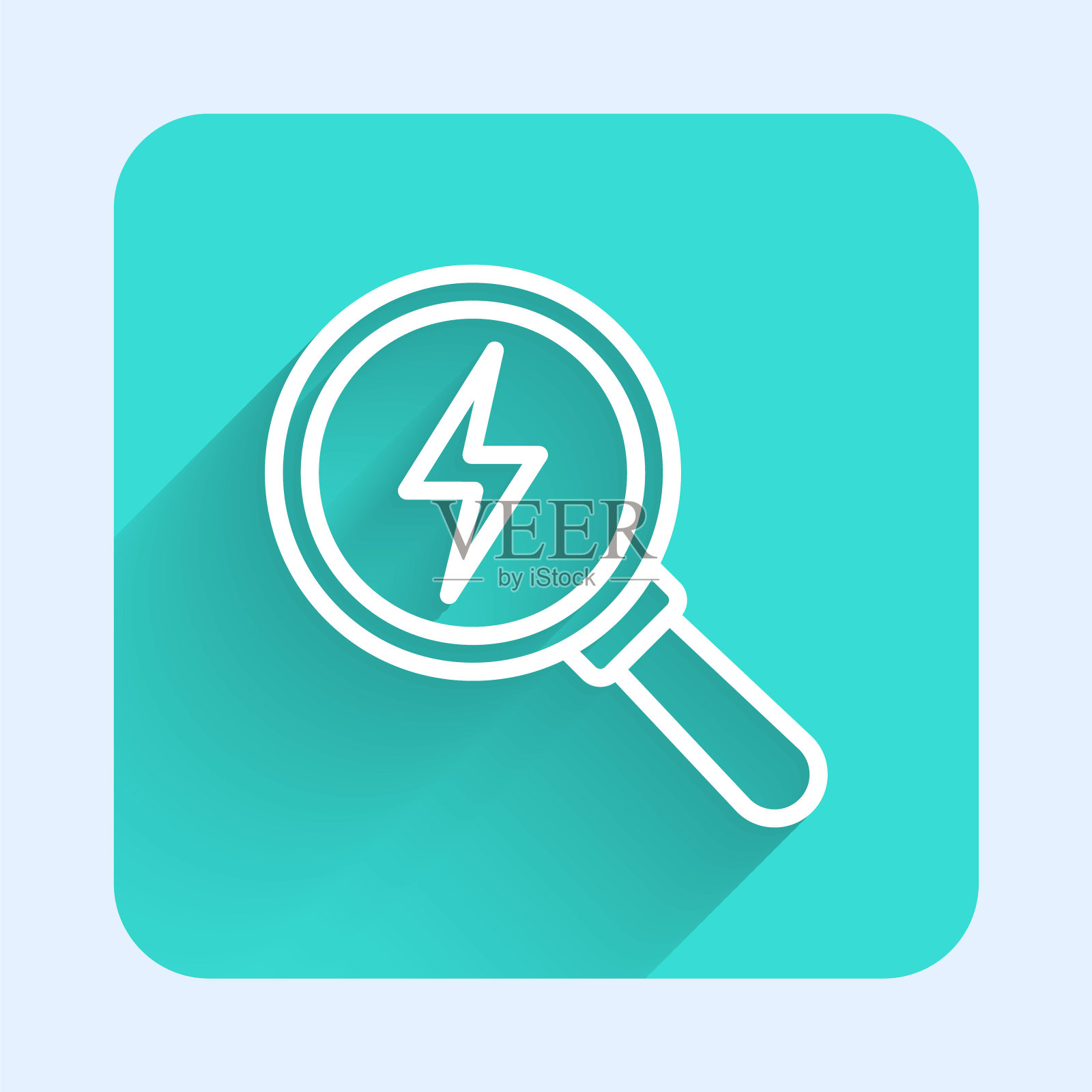 白线放大镜与闪电图标隔离与长阴影。Flash的迹象。flash。雷击。照明罢工。绿色广场按钮。向量插画图片素材