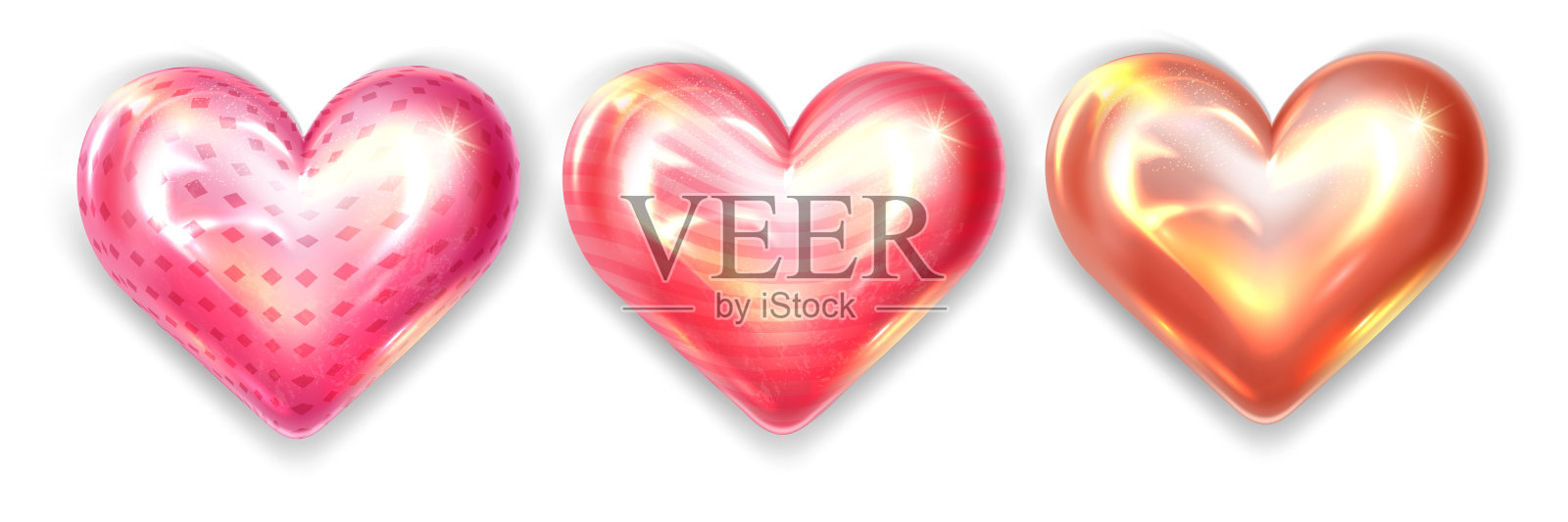 收集明亮光泽的心孤立在白色背景。红色、橙色和粉色的3D心形。情人节。矢量图插画图片素材