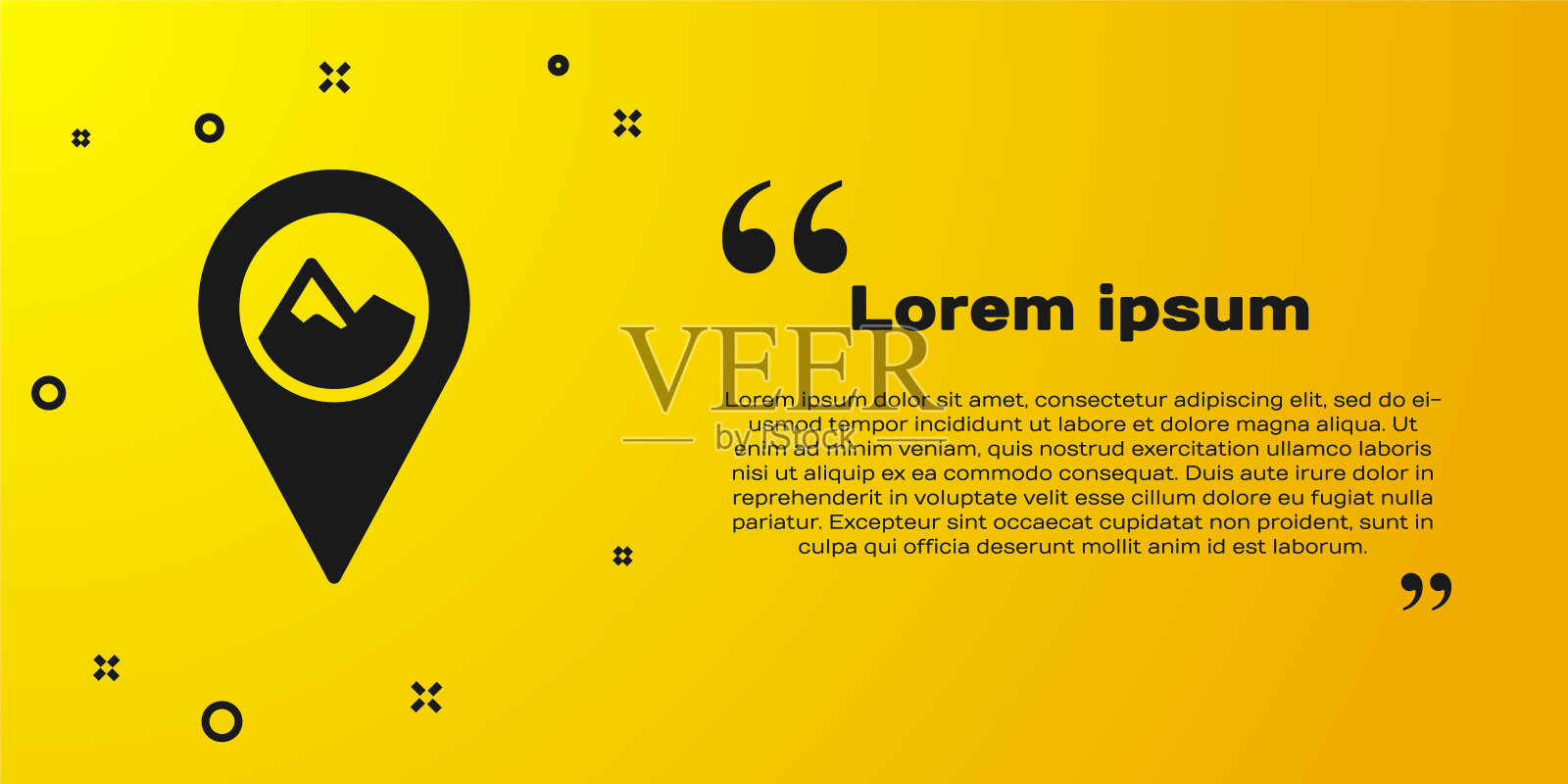 黑色地图指针与山图标孤立在黄色背景。山旅游图标。向量设计模板素材