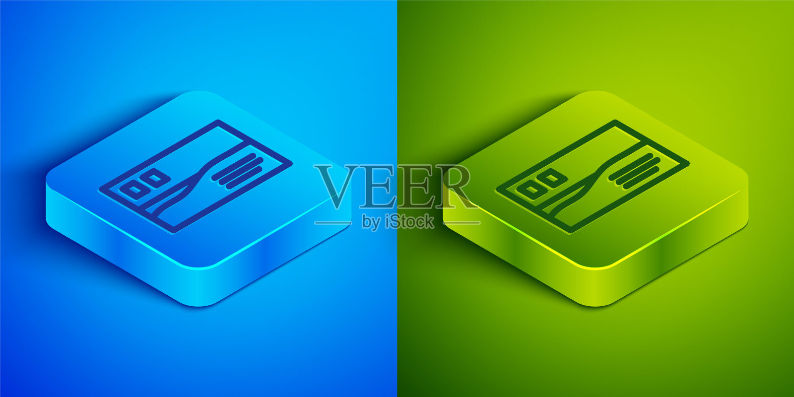 等距线明信片旅游图标孤立在蓝色和绿色的背景。方形按钮。向量图标素材