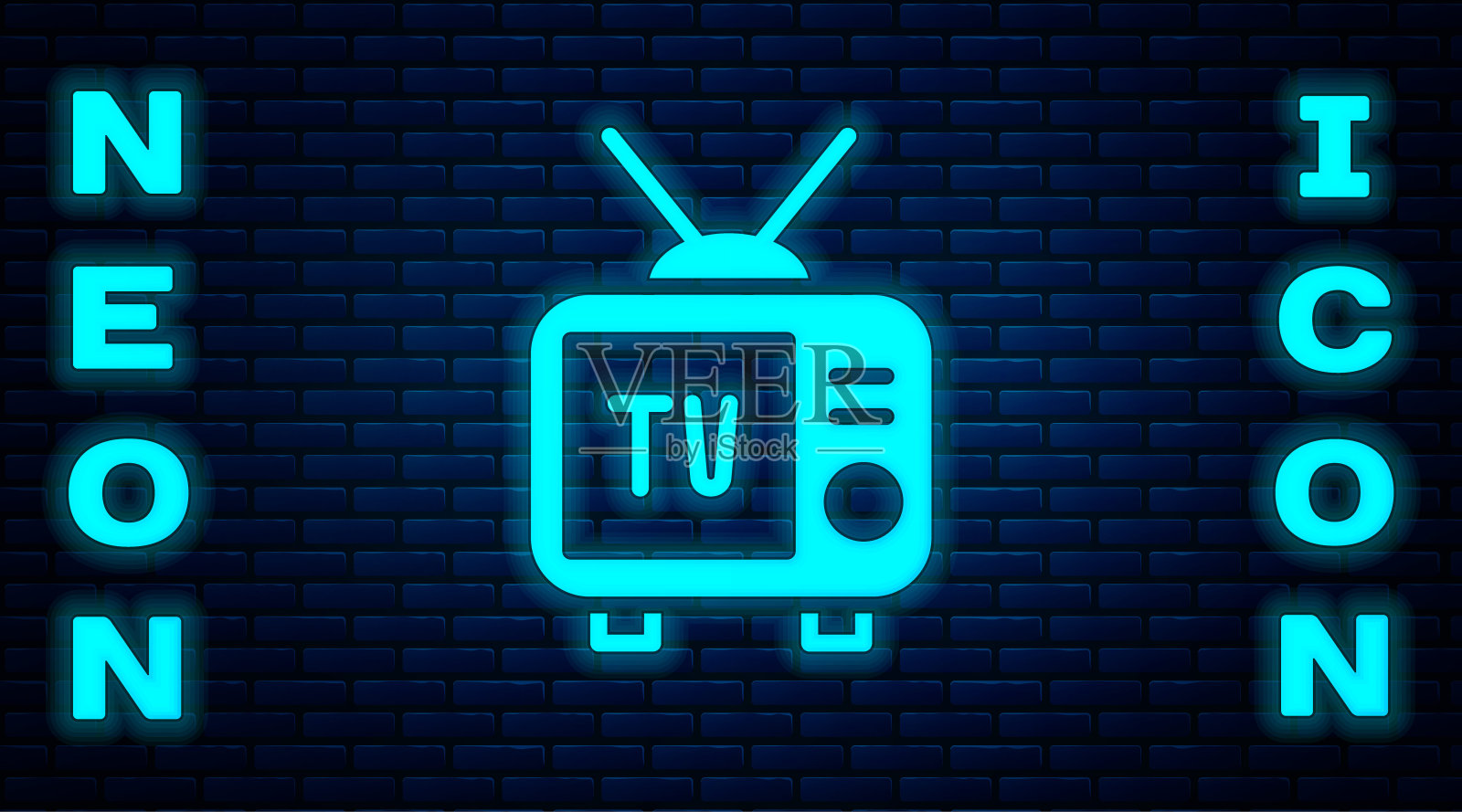 霓虹灯的复古电视图标孤立在砖墙的背景。电视信号。向量插画图片素材