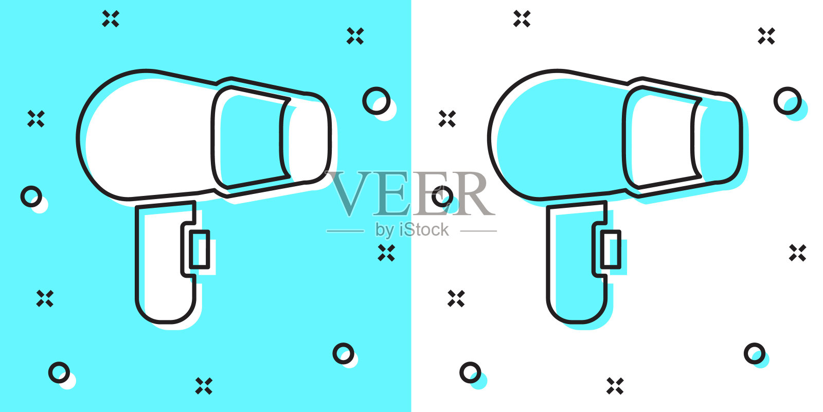 黑线吹风机图标孤立在绿色和白色的背景。吹风机的迹象。头发干燥的象征。吹热空气。随机动态形状。向量插画图片素材