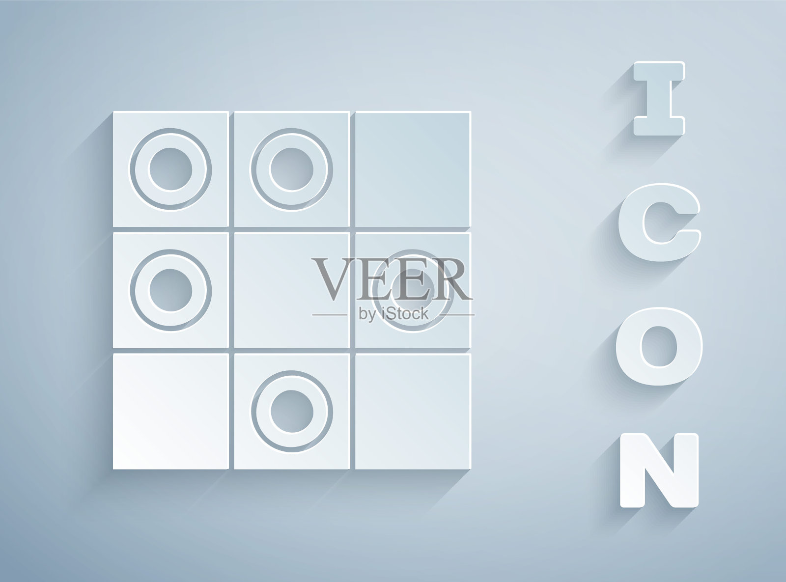 剪纸棋盘游戏的图标孤立在灰色的背景。古代智力棋盘游戏。棋盘。白色和黑色的筹码。纸艺术风格。向量插画图片素材