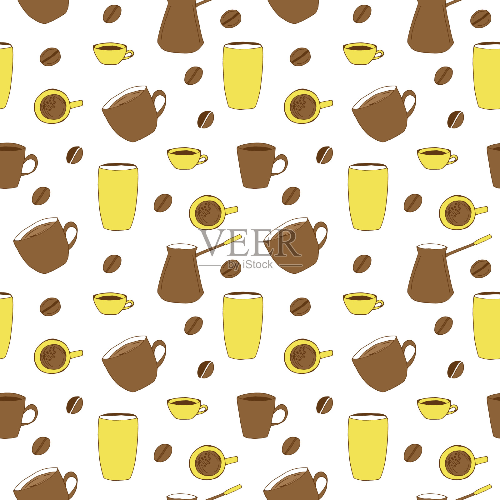 咖啡无缝图案，杯子，杯子，纸杯，咖啡壶和咖啡豆，矢量涂鸦插图，黄色和棕色插画图片素材