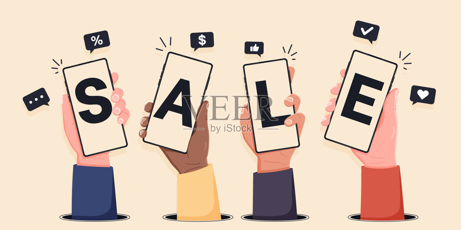 手持智能手机，展示销售。用手机进行网上购物。在网上商店轻松买东西。与图标为在线销售。大销售的市场形象。矢量平面风格的插图。设计元素图片