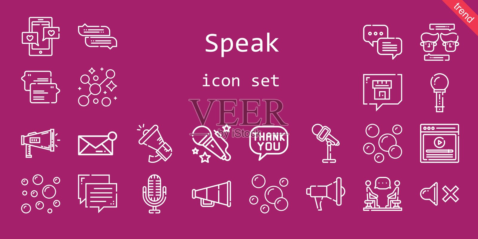 说话的图标集。行图标风格。说话相关的图标，如语音气泡，声音，扩音器，聊天，扬声器，静音，视频，气泡，讨论，麦克风，消息图标素材