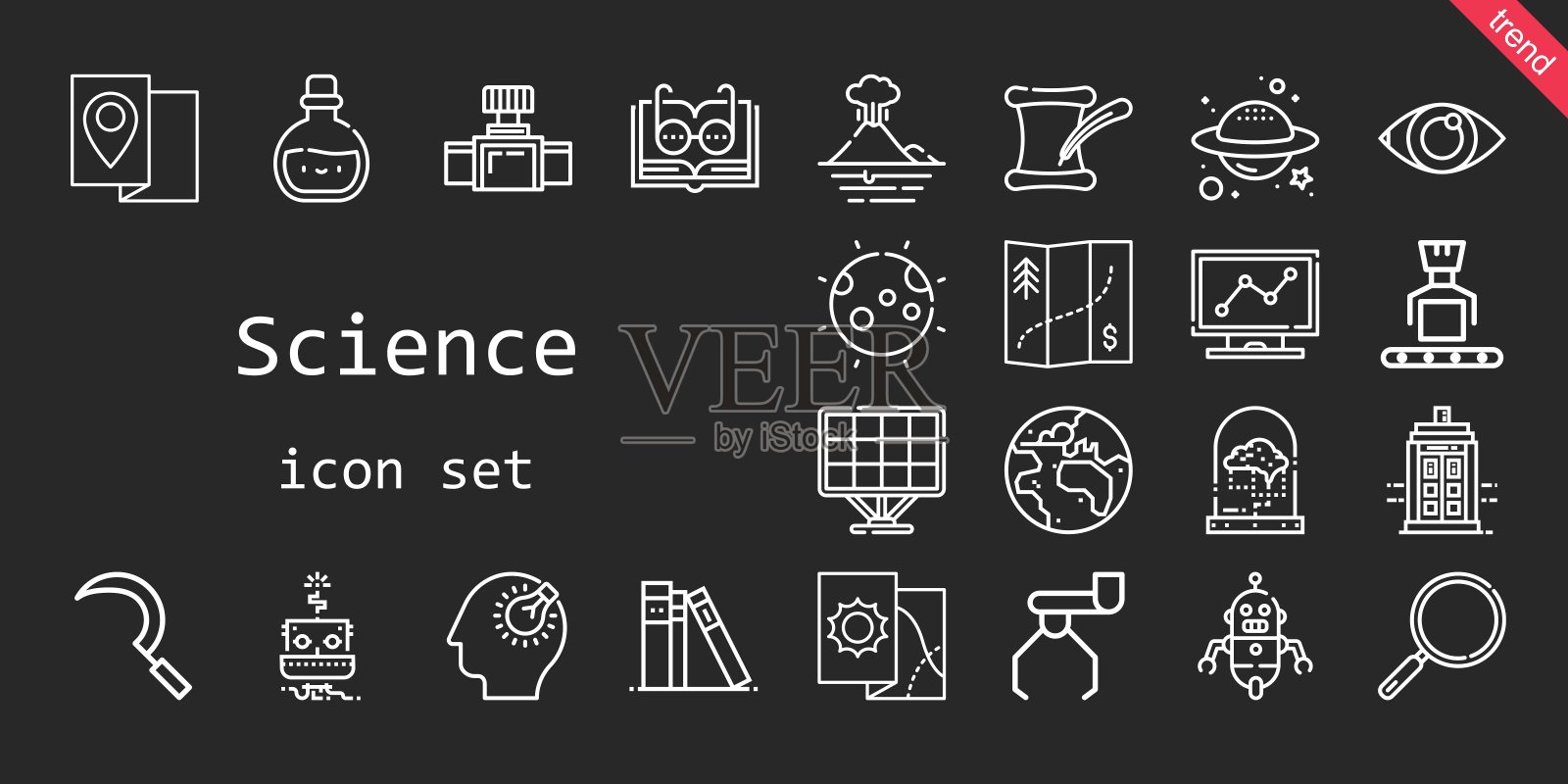 科学的图标集。行图标风格。科学相关的图标，如警察箱，放大镜，药水，镰刀，行星，灯泡，大脑，机器人，分析，眼睛，文学，月球，行星地球，图书馆，打开的书图标素材