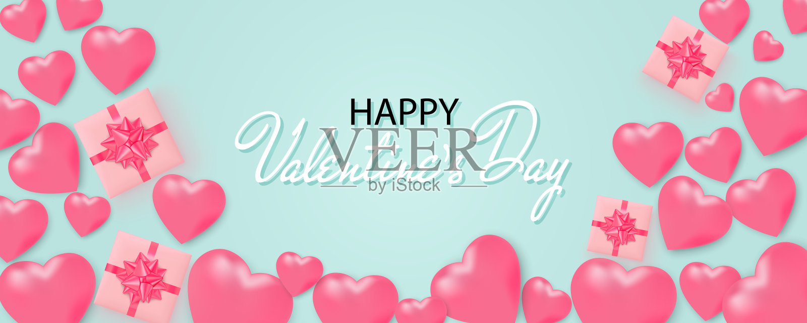 情人节快乐横幅与粉红色的心，礼物盒在蓝色的背景。情人节卡片。插画图片素材