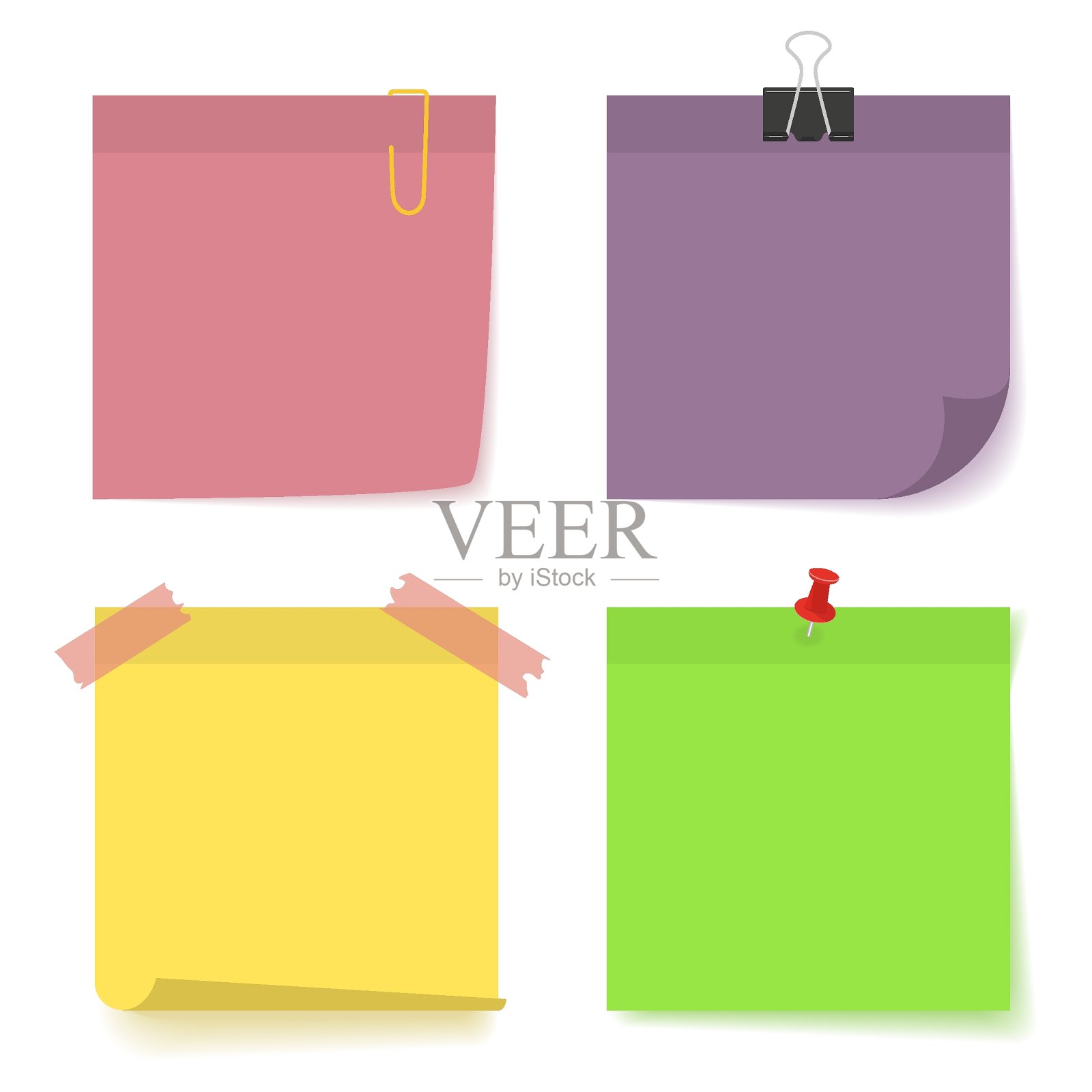 一套粘贴笔记与大头针，办公室剪辑元素。四粉色、绿色、紫罗兰色、黄色不干胶提示纸图标。商业或教育概念的模板设计图标素材