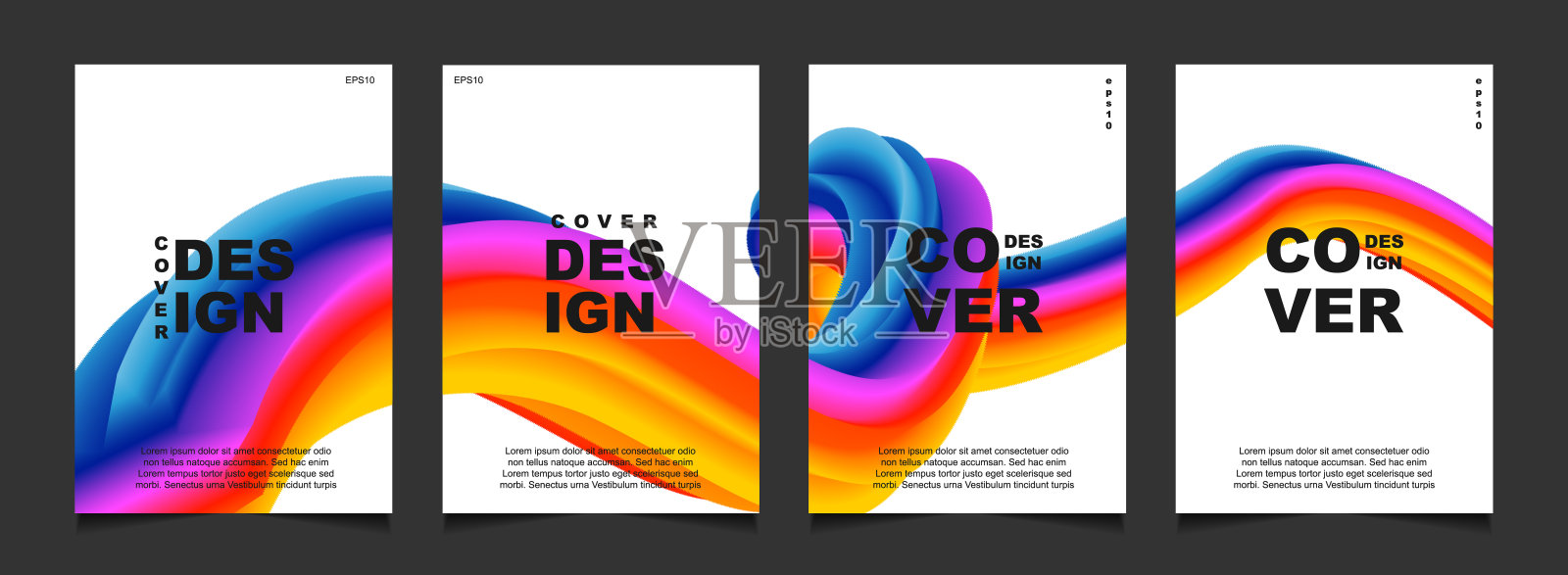 一套时尚的渐变覆盖设计抽象的背景模板与动态柔和的彩色和波浪流体形状。向量a4布局设计模板素材