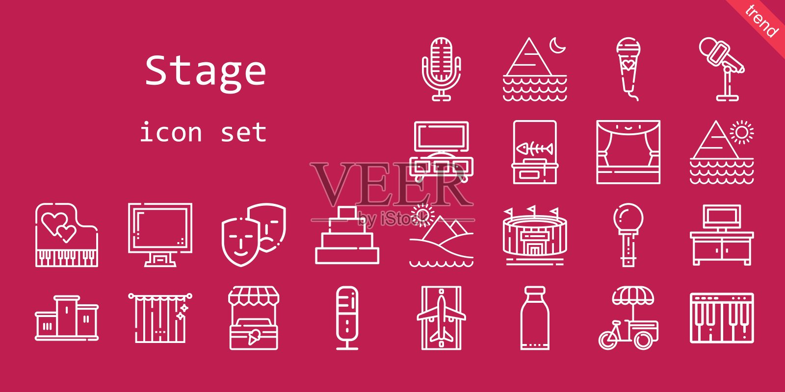 阶段的图标集。行图标风格。舞台相关的图标，如电视台，喜剧，窗帘，展示，跑道，产品，钢琴，舞台，讲台，鱼骨，金字塔，体育场，麦克风，看台图标素材