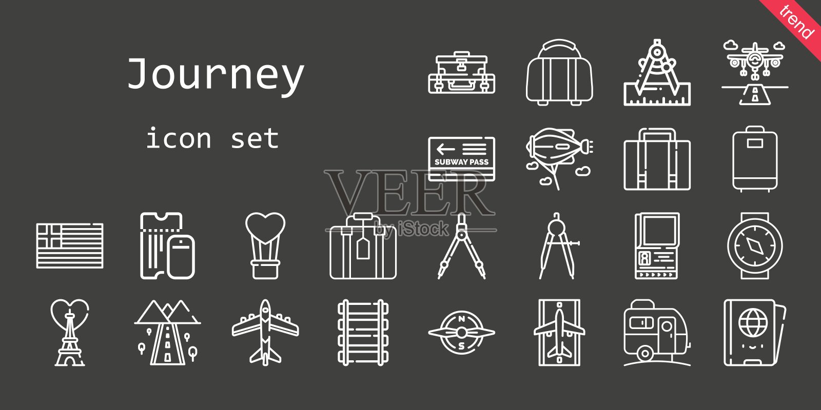 旅程的图标集。行图标风格。与旅行相关的标志，如埃菲尔铁塔、手提箱、通行证、铁路、跑道、齐柏林飞艇、热气球、护照、希腊、行李、指南针、道路、大篷车、飞机图标素材
